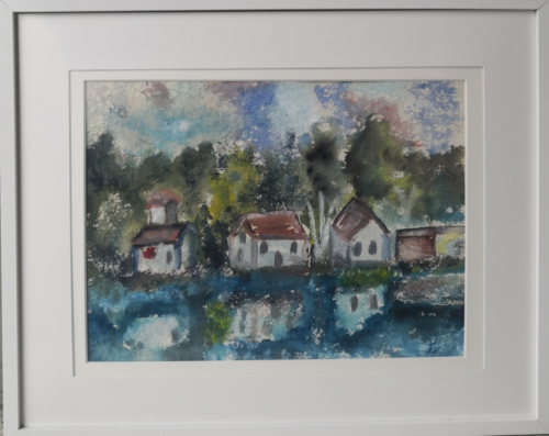 Akvarell hus vid sjö