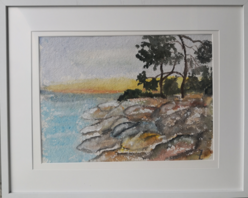 Akvarell klippor vid sjö